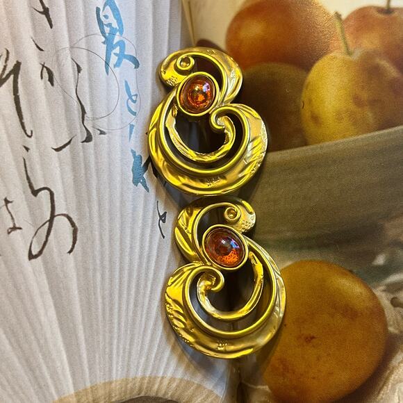 Vintage Unique Gold Tone Large Abstract Earrings Multicolor Pink Cabochon Stone - Picture 1 of 7